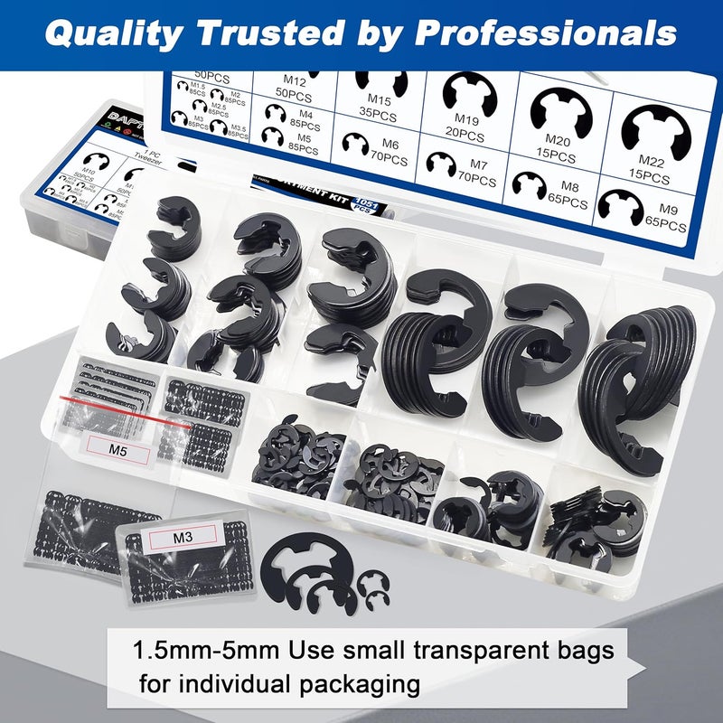 Daptemn E Clip Circlip External Retaining Rings Assortment Kit, 1050PCS E Clips External Carbon Steel Rings and 1 PC Tweezers, Includes Sizes of M1.5-M22 - Image 5